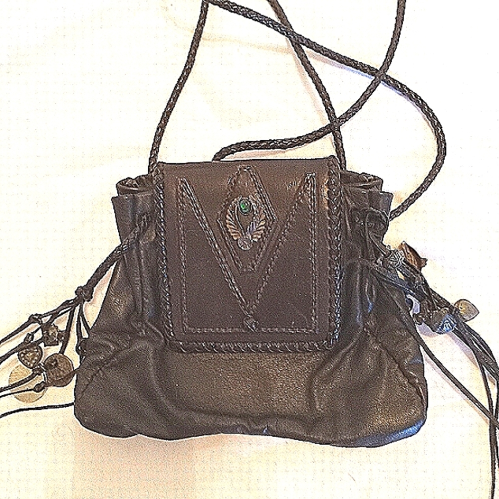 Vintage Hand made black leather Mini Bag with and Decorative charms on fringe